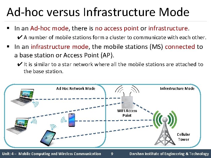 Ad-hoc versus Infrastructure Mode § In an Ad-hoc mode, there is no access point