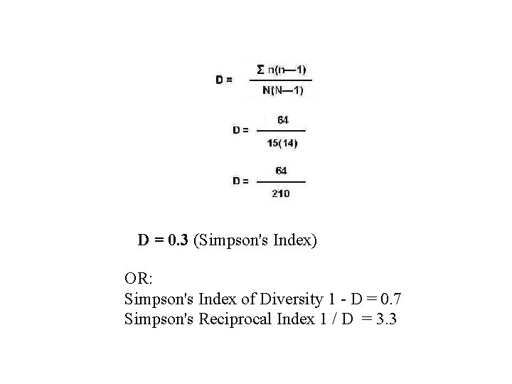 D = 0. 3 (Simpson's Index) OR: Simpson's Index of Diversity 1 - D