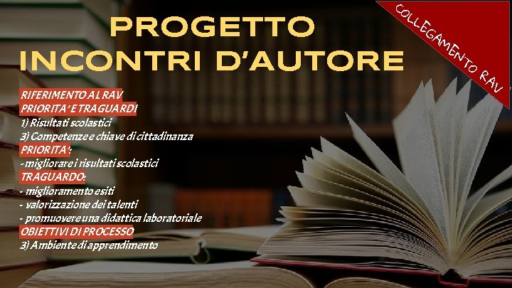 CO LL PROGETTO INCONTRI D’AUTORE RIFERIMENTO AL RAV PRIORITA’ E TRAGUARDI 1) Risultati scolastici