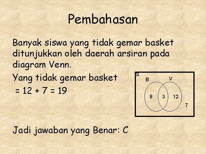 Pembahasan Banyak siswa yang tidak gemar basket ditunjukkan oleh daerah arsiran pada diagram Venn.