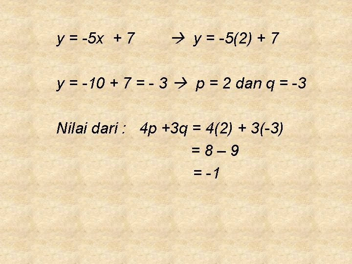 y = -5 x + 7 y = -5(2) + 7 y = -10 y = -5 x + 7 y = -5(2) + 7 y = -10