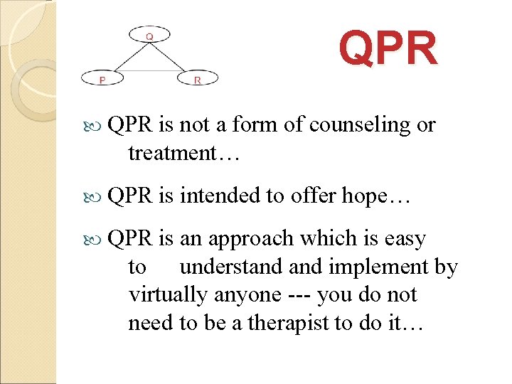 QPR is not a form of counseling or treatment… QPR is intended to offer