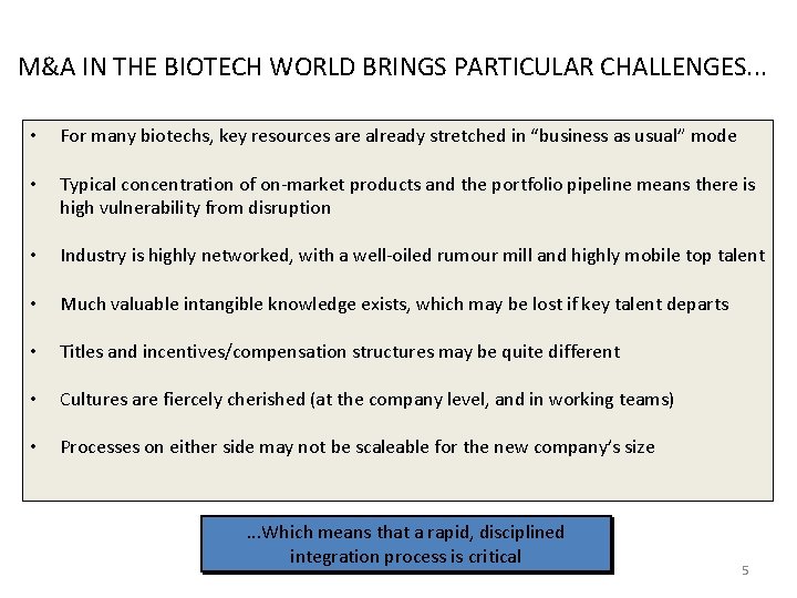 M&A IN THE BIOTECH WORLD BRINGS PARTICULAR CHALLENGES. . . • For many biotechs,