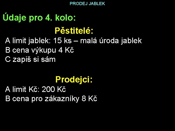 PRODEJ JABLEK Údaje pro 4. kolo: Pěstitelé: A limit jablek: 15 ks – malá