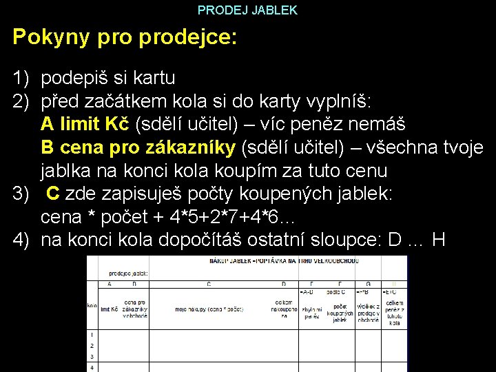 PRODEJ JABLEK Pokyny prodejce: 1) podepiš si kartu 2) před začátkem kola si do