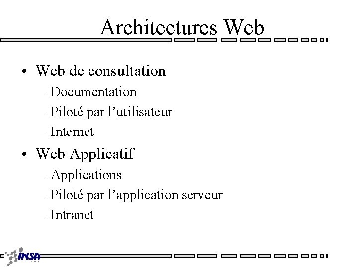 Architectures Web • Web de consultation – Documentation – Piloté par l’utilisateur – Internet