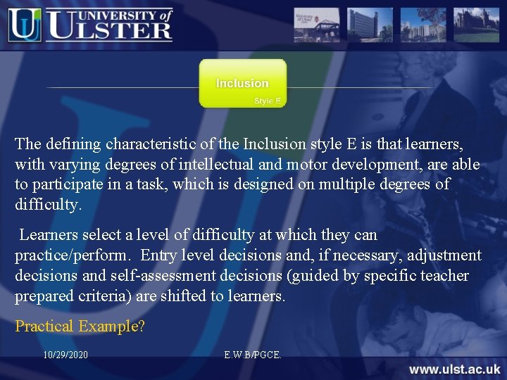 The defining characteristic of the Inclusion style E is that learners, with varying degrees