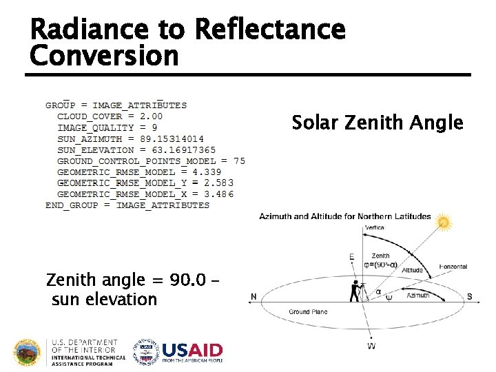 Radiance to Reflectance Conversion Solar Zenith Angle Zenith angle = 90. 0 – sun