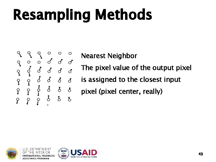 Resampling Methods Nearest Neighbor The pixel value of the output pixel is assigned to