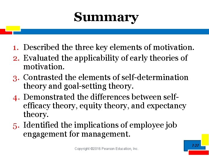 Summary 1. Described the three key elements of motivation. 2. Evaluated the applicability of