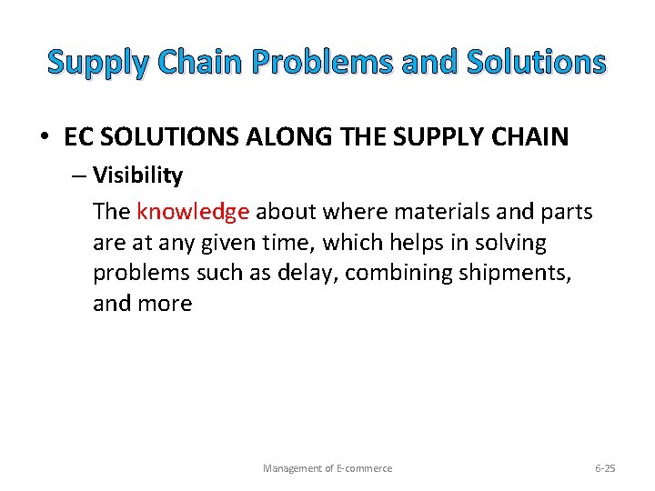 Supply Chain Problems and Solutions • EC SOLUTIONS ALONG THE SUPPLY CHAIN – Visibility