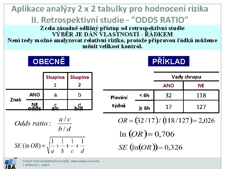 Aplikace analýzy 2 x 2 tabulky pro hodnocení rizika II. Retrospektivní studie - "ODDS