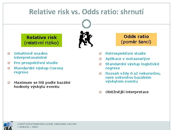 Relative risk vs. Odds ratio: shrnutí Odds ratio (poměr šancí) Relative risk (relativní riziko)