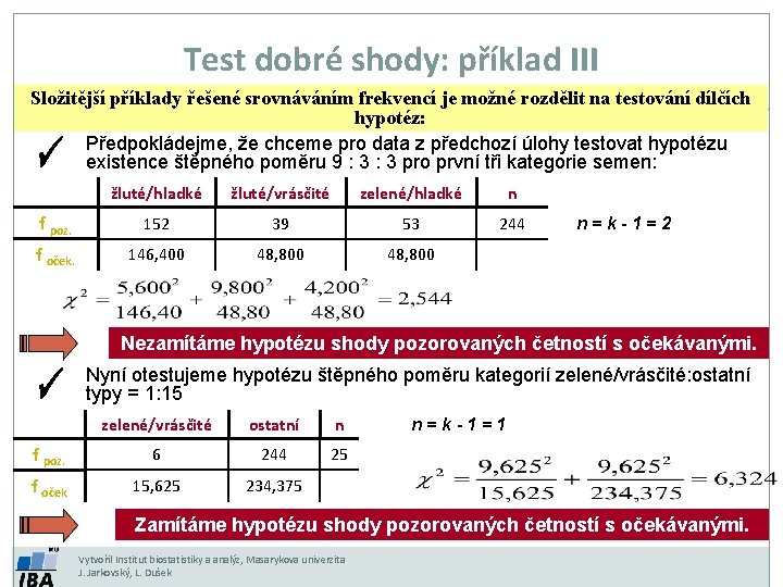 Test dobré shody: příklad III Složitější příklady řešené srovnáváním frekvencí je možné rozdělit na