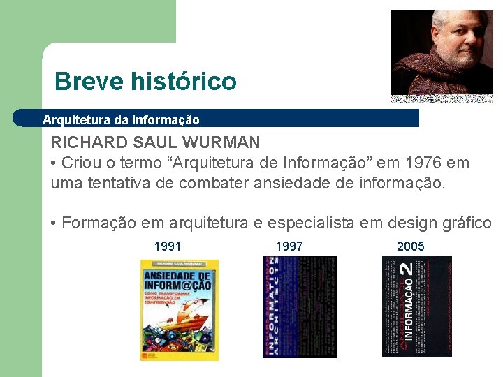 Breve histórico Arquitetura da Informação RICHARD SAUL WURMAN • Criou o termo “Arquitetura de