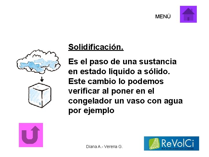 MENÚ Solidificación. Es el paso de una sustancia en estado líquido a sólido. Este