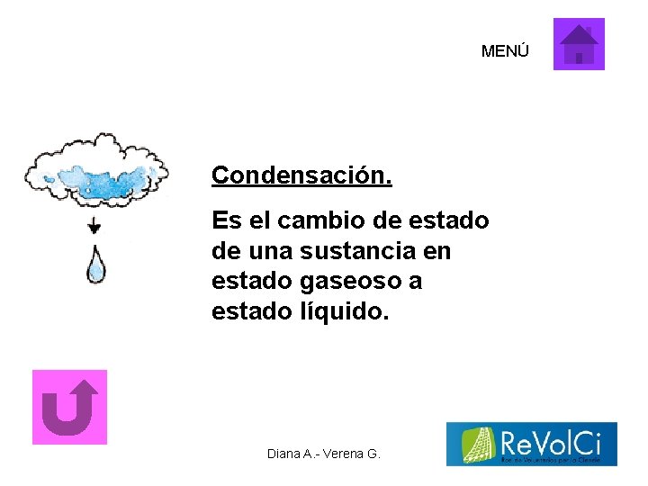 MENÚ Condensación. Es el cambio de estado de una sustancia en estado gaseoso a