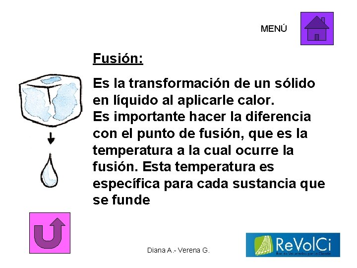 MENÚ Fusión: Es la transformación de un sólido en líquido al aplicarle calor. Es