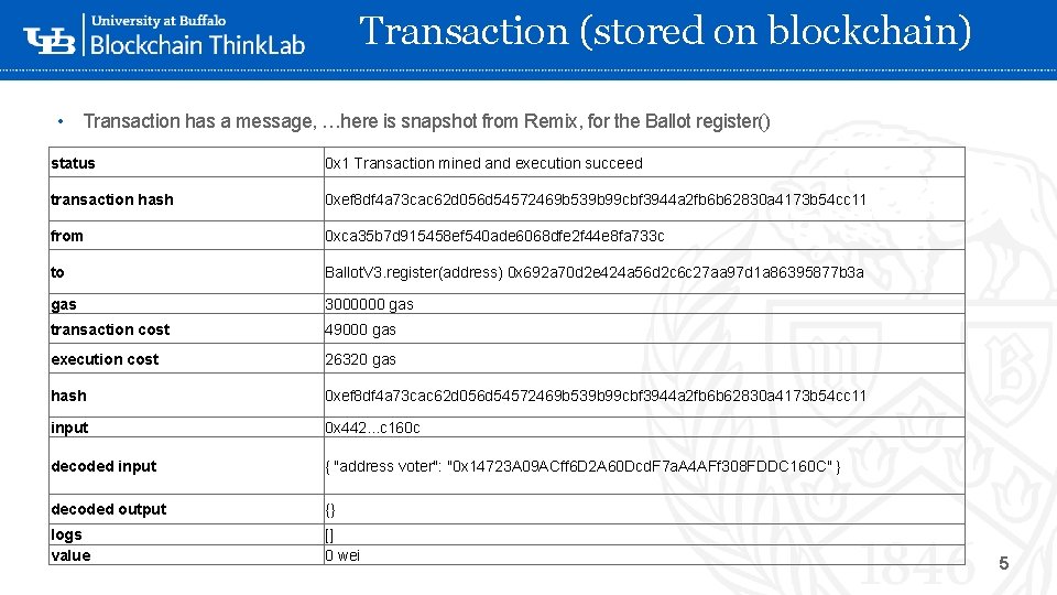 Transaction (stored on blockchain) • Transaction has a message, …here is snapshot from Remix,