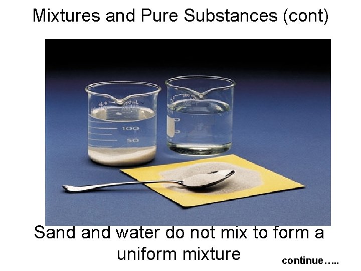 Mixtures and Pure Substances (cont) Sand water do not mix to form a uniform