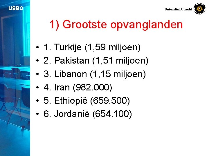USBO Universiteit Utrecht 1) Grootste opvanglanden • • • 1. Turkije (1, 59 miljoen)
