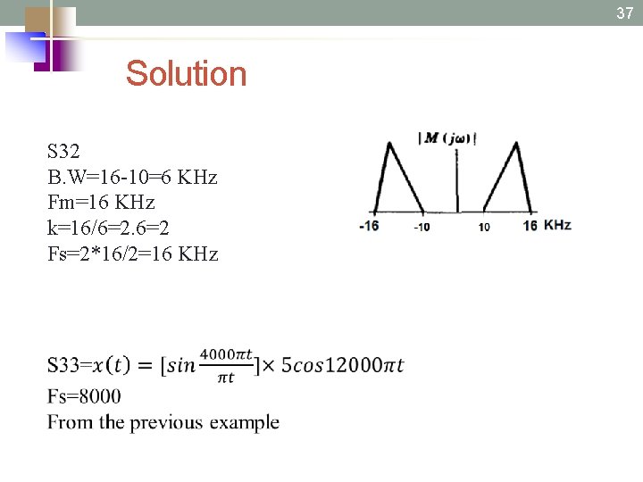 37 Solution S 32 B. W=16 -10=6 KHz Fm=16 KHz k=16/6=2. 6=2 Fs=2*16/2=16 KHz
