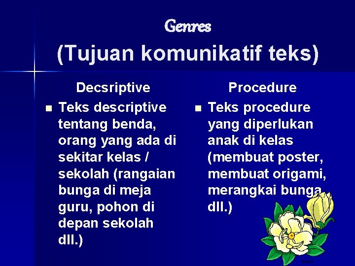 Genres (Tujuan komunikatif teks) n Decsriptive Teks descriptive tentang benda, orang yang ada di