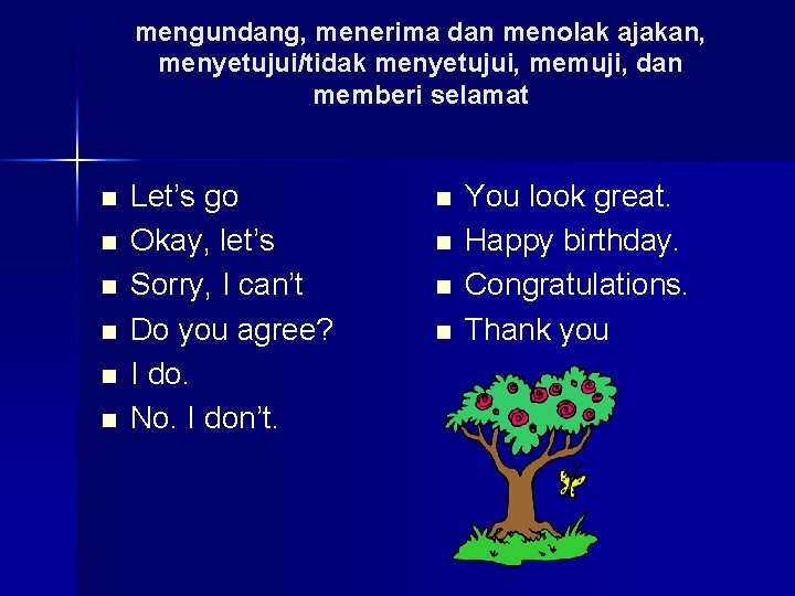 mengundang, menerima dan menolak ajakan, menyetujui/tidak menyetujui, memuji, dan memberi selamat n n n