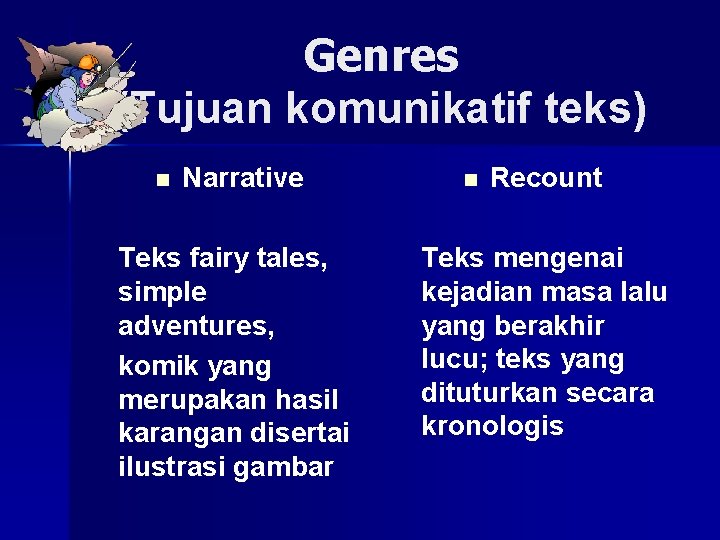 Genres (Tujuan komunikatif teks) n Narrative Teks fairy tales, simple adventures, komik yang merupakan
