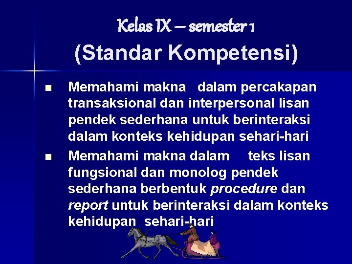 Kelas IX – semester 1 (Standar Kompetensi) n n Memahami makna dalam percakapan transaksional