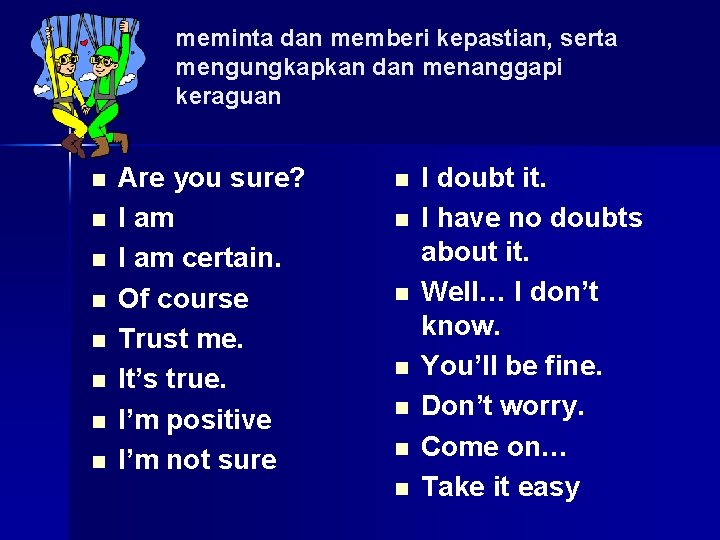meminta dan memberi kepastian, serta mengungkapkan dan menanggapi keraguan n n n n Are