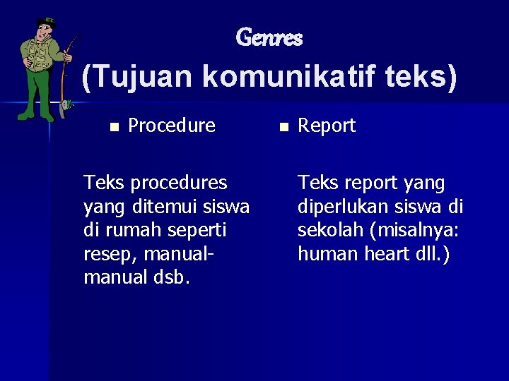 Genres (Tujuan komunikatif teks) n Procedure Teks procedures yang ditemui siswa di rumah seperti