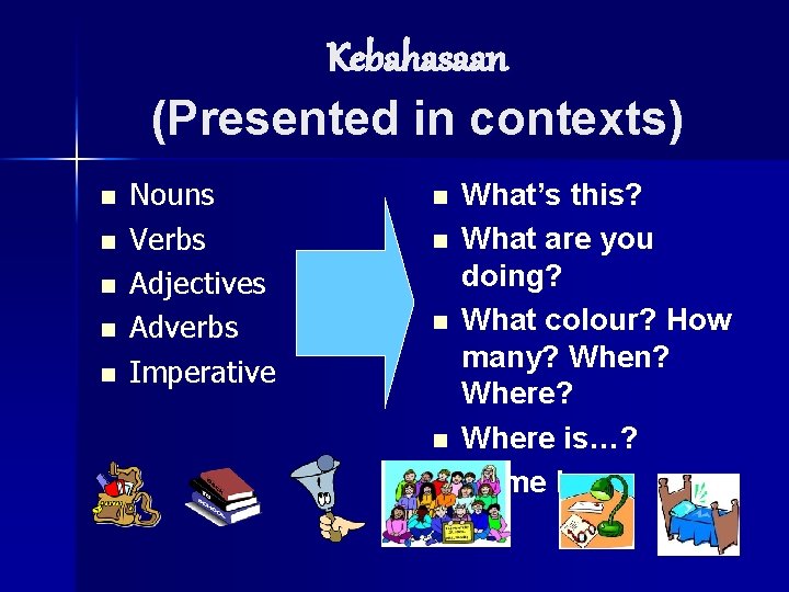 Kebahasaan (Presented in contexts) n n n Nouns Verbs Adjectives Adverbs Imperative n n