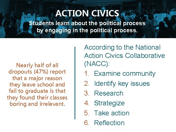 ACTION CIVICS Students learn about the political process by engaging in the political process.