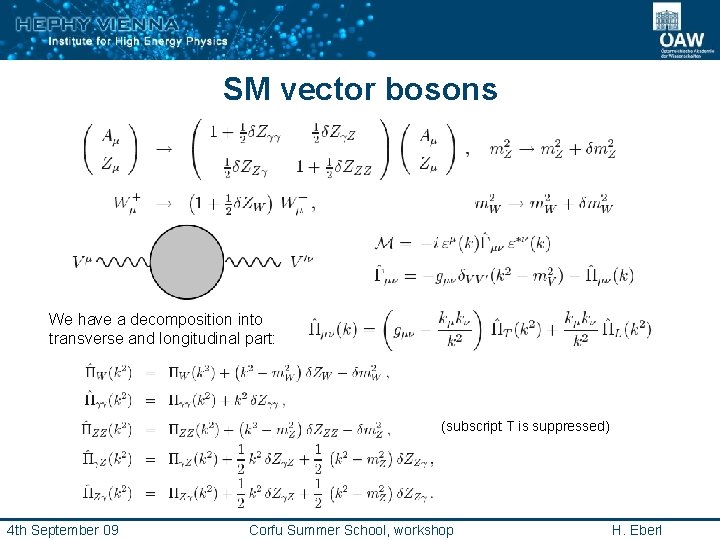 SM vector bosons We have a decomposition into transverse and longitudinal part: (subscript T