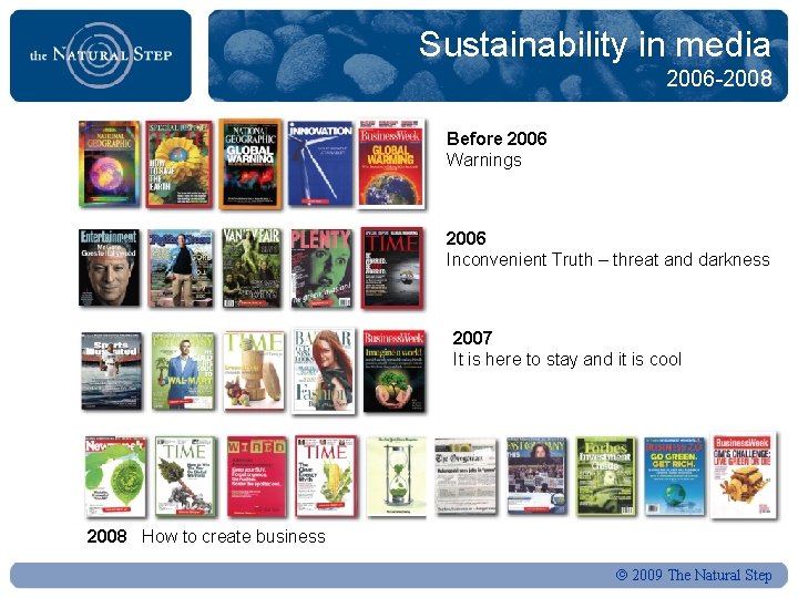 Sustainability in media 2006 -2008 Before 2006 Warnings 2006 Inconvenient Truth – threat and