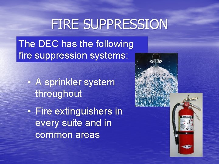 FIRE SUPPRESSION The DEC has the following fire suppression systems: • A sprinkler system