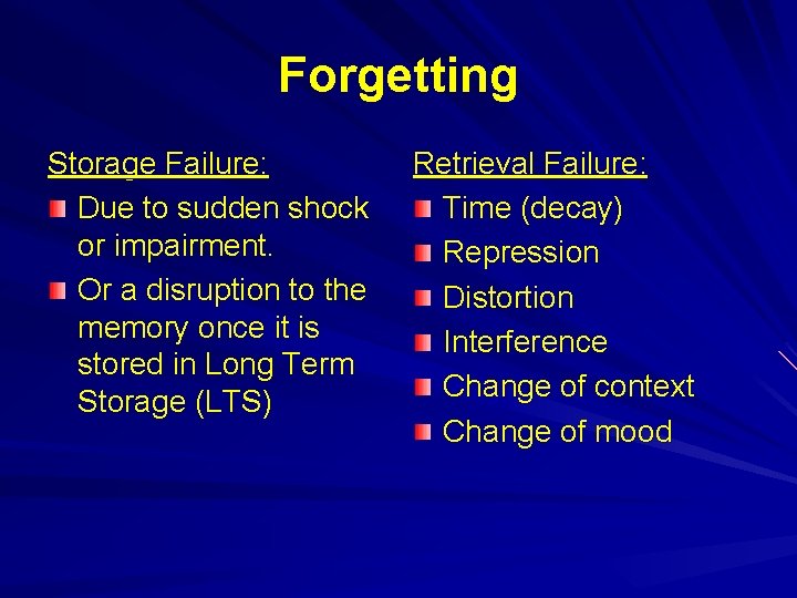 Forgetting Storage Failure: Due to sudden shock or impairment. Or a disruption to the