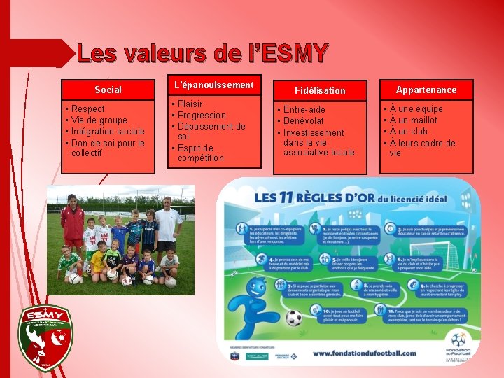 Les valeurs de l’ESMY Social • • Respect Vie de groupe Intégration sociale Don