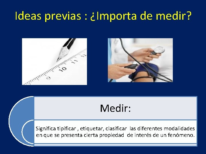 Ideas previas : ¿Importa de medir? Medir: Significa tipificar , etiquetar, clasificar las diferentes
