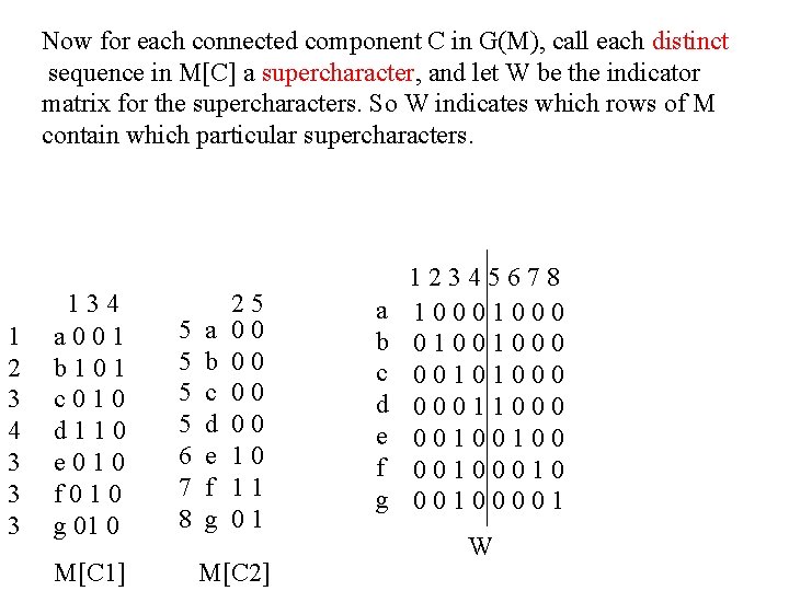 Now for each connected component C in G(M), call each distinct sequence in M[C]