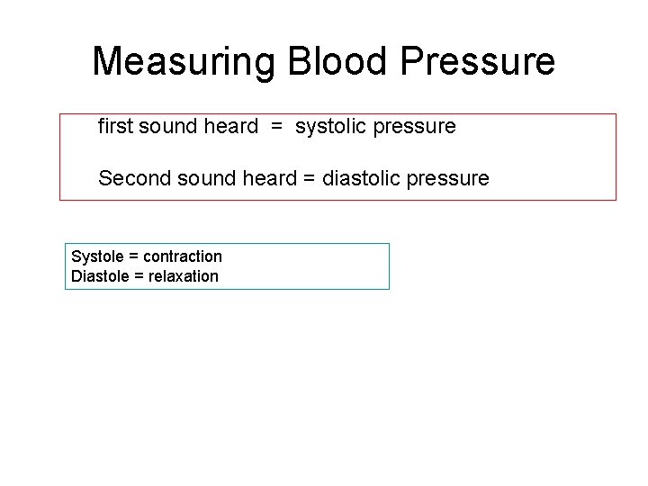 Measuring Blood Pressure first sound heard = systolic pressure Second sound heard = diastolic