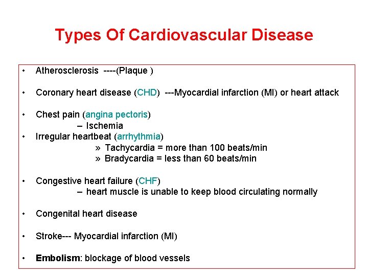 Types Of Cardiovascular Disease • Atherosclerosis ----(Plaque ) • Coronary heart disease (CHD) ---Myocardial
