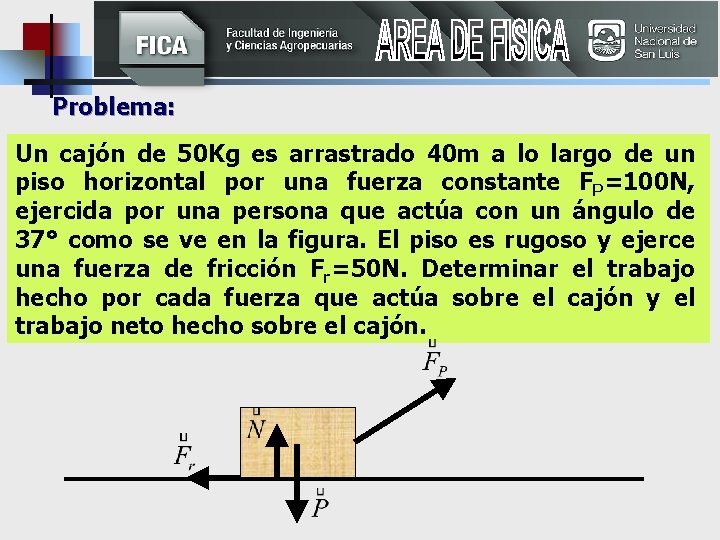 Problema: Un cajón de 50 Kg es arrastrado 40 m a lo largo de