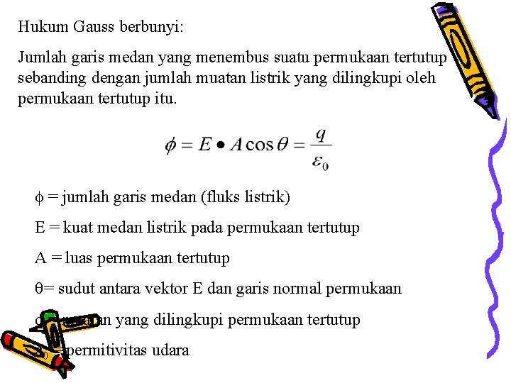 Hukum Gauss berbunyi: Jumlah garis medan yang menembus suatu permukaan tertutup sebanding dengan jumlah Hukum Gauss berbunyi: Jumlah garis medan yang menembus suatu permukaan tertutup sebanding dengan jumlah