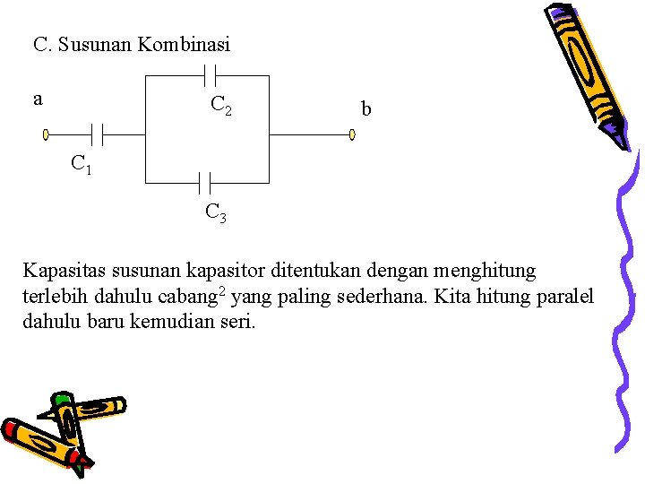 C. Susunan Kombinasi a C 2 b C 1 C 3 Kapasitas susunan kapasitor