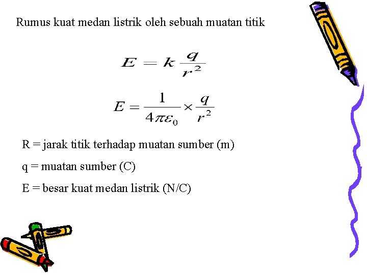 Rumus kuat medan listrik oleh sebuah muatan titik R = jarak titik terhadap muatan Rumus kuat medan listrik oleh sebuah muatan titik R = jarak titik terhadap muatan