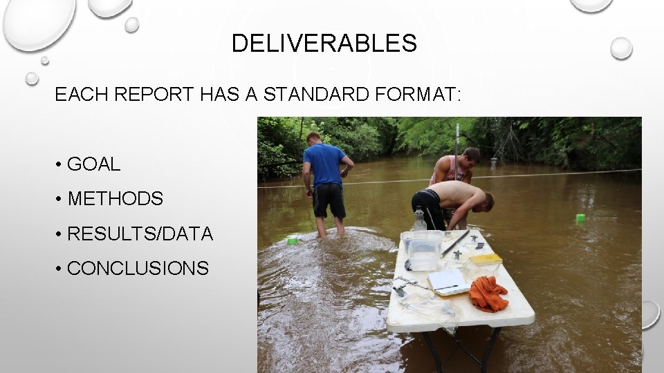 DELIVERABLES EACH REPORT HAS A STANDARD FORMAT: • GOAL • METHODS • RESULTS/DATA •