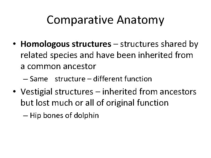 Comparative Anatomy • Homologous structures – structures shared by related species and have been