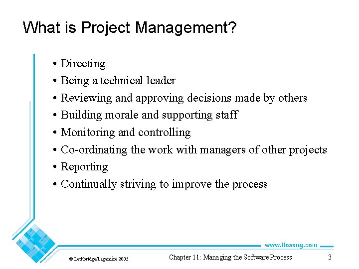 What is Project Management? • Directing • Being a technical leader • Reviewing and